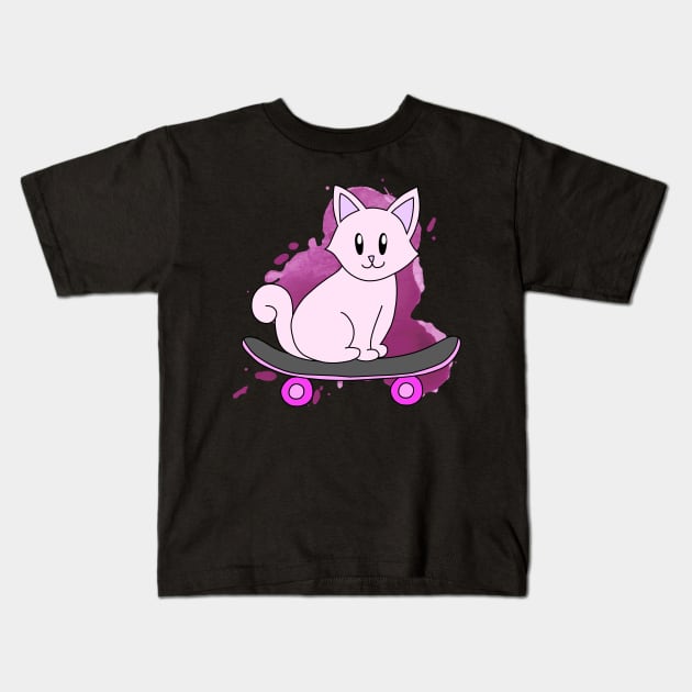 Pink Skater Cat Kids T-Shirt by pako-valor